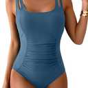 B2prity Women's One Piece Swimsuit Tummy Control Ruched Bathing Suit Double Straps Push Up Swim Suit Slimming Swimwear, Size Medium, Blue 