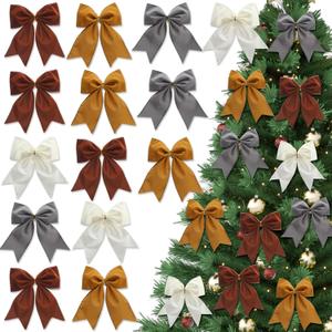 16 Pcs Neutral Christmas Velvet Bows 6 Inch Rustic Wreath Gift Bows Vintage Xmas Velvet Ribbon Bow for Christmas Tree Garland DIY Craft Wrapping Holiday Decor, Burgundy Red, Milky White, Khaki, Grey