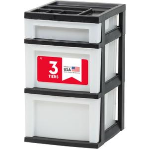 IRIS USA Plastic Drawer Storage Organizer Rolling Cart, 3-Drawers, for Classroom Art Craft Supplies Dresser Closet Bathroom Laundry Room, Black/Pearl