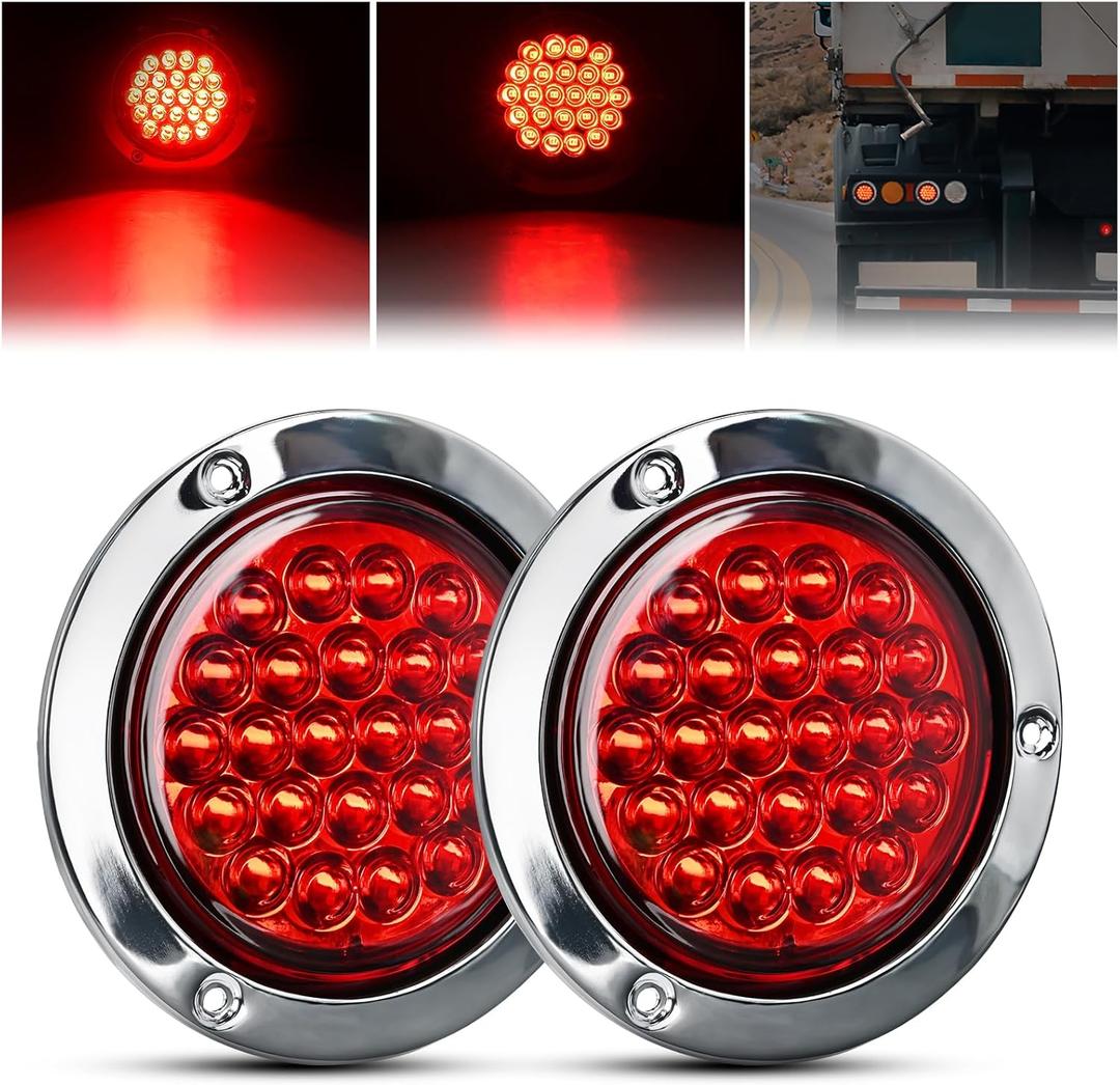 GOOACC 4Inch Round Tail Light 2PCS Red 24LED w/Stainless Steel Chrome Bezel Waterproof Stop Brake Turn Signals Lights for Truck Trailer RV Lorry Boat Tractor