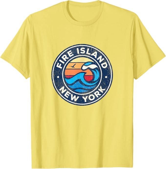 Fire Island New York NY Vintage Nautical Waves Design T-Shirt S