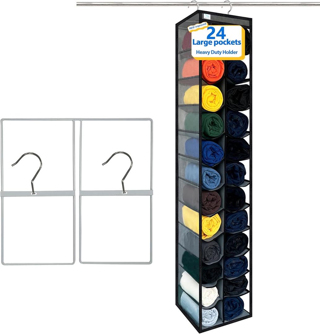 Closet Organization,24 Section, Hanging Closet Organizer, Space Saving, College Dorm Essentials for Girls, Heavy dutys Hooks Up to 45 Pounds, Clothes Storage,Closet Organizer,Grey/Black (1Pack)