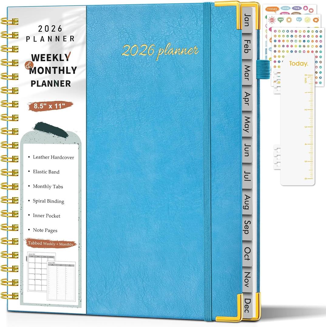 2026 Planner, Weekly and Monthly Calendar Planner from January 2026 - December 2026, 8.5" x 11" Hardcover Leather Hourly Appointment Book with Tabs, Spiral Daily Planners for College School Work Home, Sky Blue (A4)
