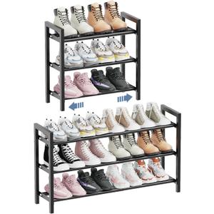 3-Tier Expandable Shoe Rack, Adjustable Shoe-Rack Organizer Shelf for Closet, Metal Shoe Storage Rack for Front Door Entrance, Entryway, Closet, Black