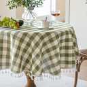 JIALE Spring Gingham Round Tablecloth 60" Cotton Linen Fabric Table Cloth with Tassel Washable Wrinkle Free Buffalo Plaid Table Cover for Birthday Party Picnic Outdoor Kitchen Dining, Green