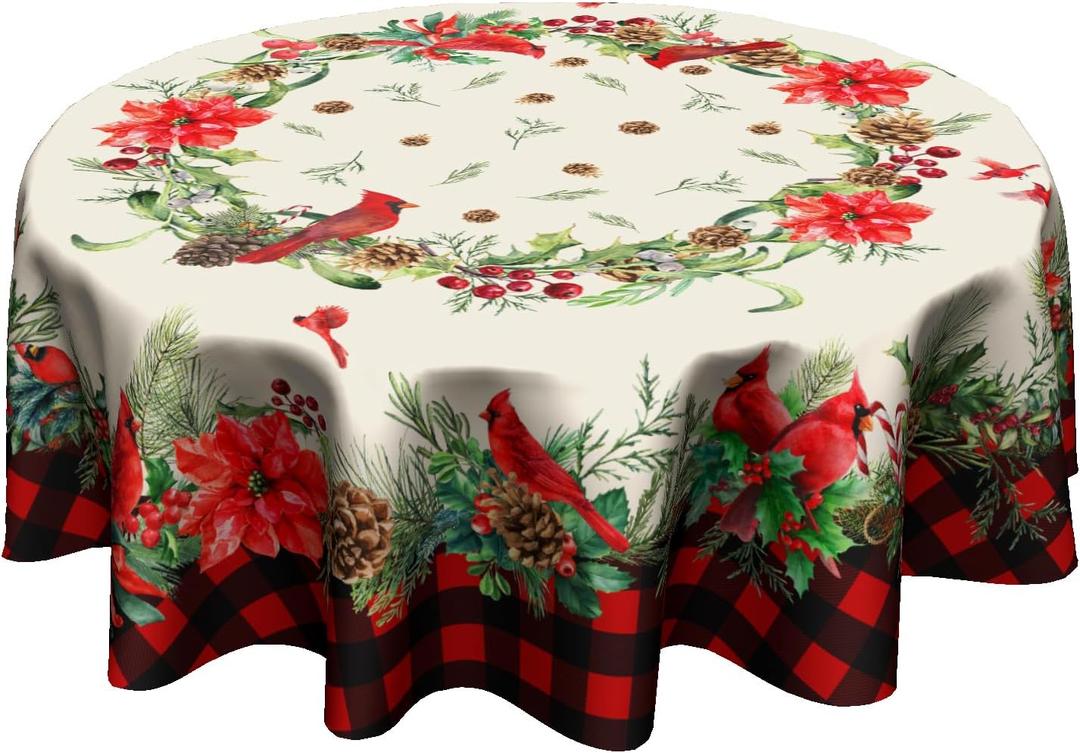 Giwawa Red Birds Floral Tablecloth Round 60 Inch Buffalo Plaid Decorative Water Resistant Table Cloth Cover for Dining Room Kitchen Holiday Party
