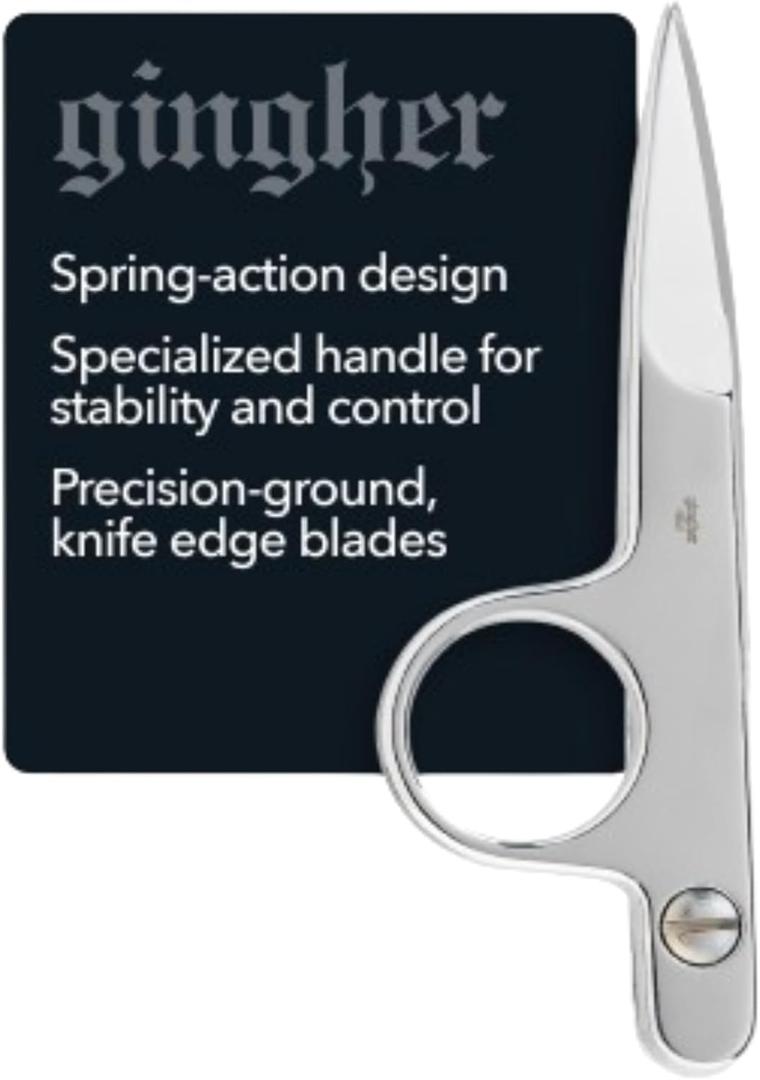 Gingher 4.5" Spring-Action Knife-Edge Thread Nippers, Stainless Steel Shears, Sharp Knife Edge Fabric Scissors with Protective Leather Sheath, Chrome Plated Nickel Finish