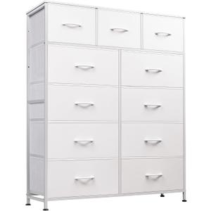 WLIVE Tall Dresser for Bedroom, Fabric Dressers Storage Tower, Dresser & Chest of Drawers Organizer Unit with 11 Drawers, Storage Cabinet, Hallway, Closets, Steel Frame, Wood Top, White, 11.7"D x 35.6"W x 42.2"H