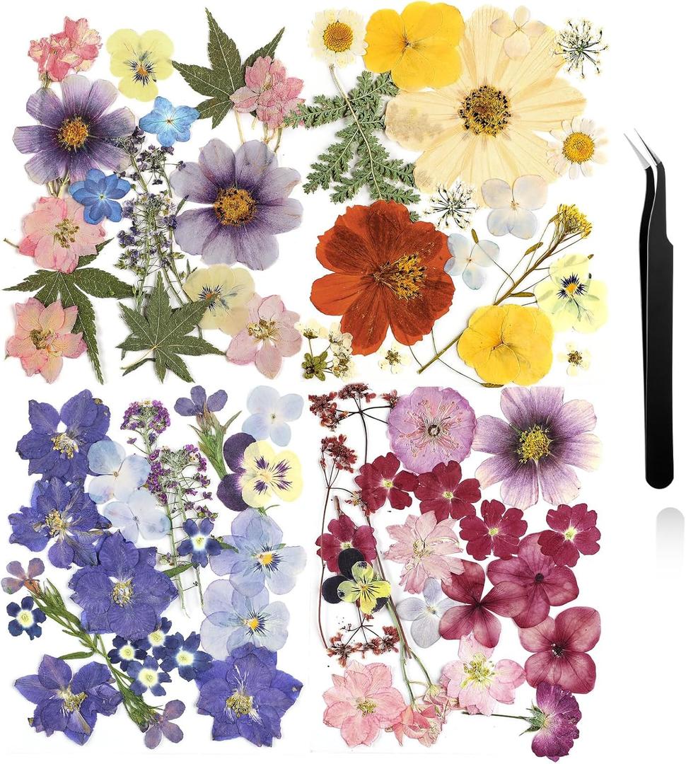 Nuanchu Pressed Flowers Bulk Dried Flower for Crafts, Dried Wildflowers Leave Natural with Tweezer for Resin Mold Scrapbooking Nail Soap Making DIY(Fashion Style,Trend Color)