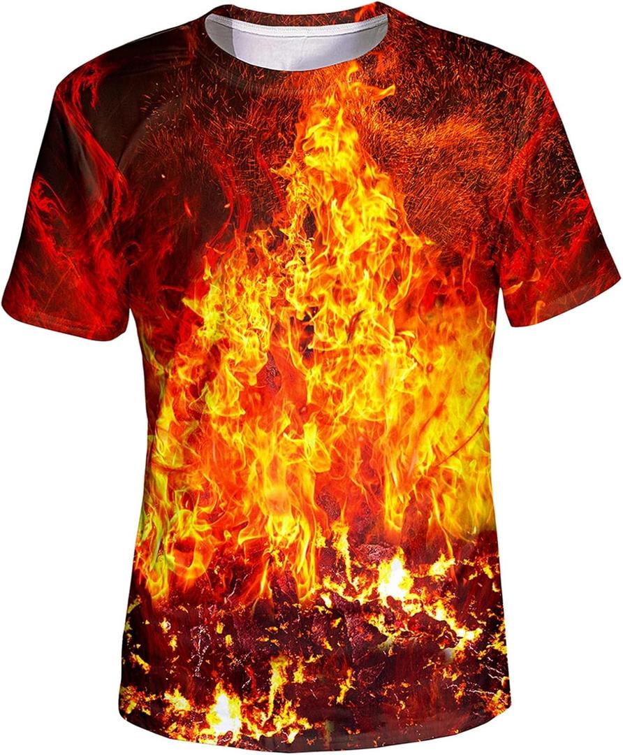 Asylvain Unisex 3D Graphic T-Shirt Colorful Design Short Sleeve Crewneck Digital Tee for Young (Large, Orange Fire)