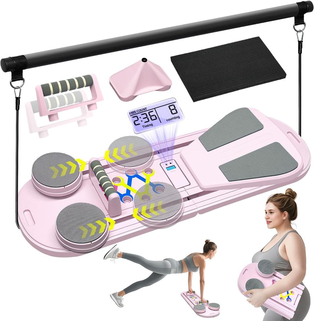 Pilates Reformer Set, Pilates Board, Multi-Purpose Foldable Pilate Reformer Board for Home, 6 in 1 Pilate Sliding Board for Women and Men (Pink)