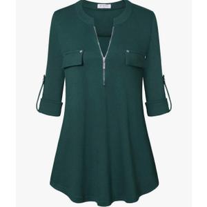 Bulotus Women's Zip Front V-Neck 3/4 Length Sleeve Womens Tops Business Casual Shirts,2XL