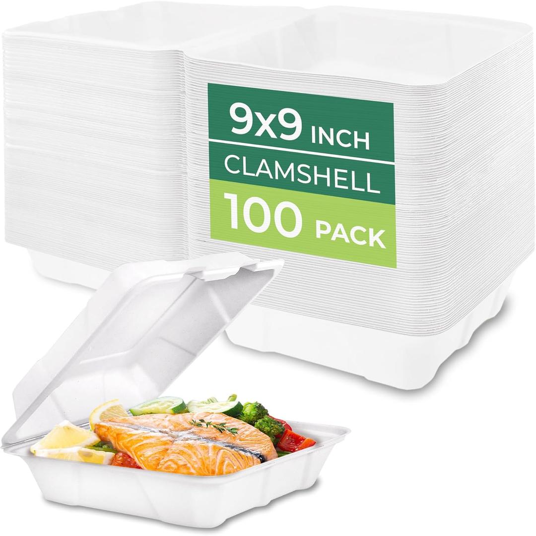 Freshware Clamshell Food Containers with Lids [9x9 100-Pack] Disposable To Go Containers, Biodegradable Sugarcane To Go Boxes - Paper Food Container - Microwave & Freezer Safe, Stackable