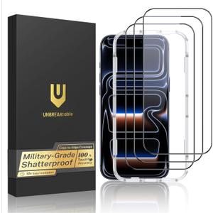 UNBREAKcable for iPhone 17 Pro Screen Protector, 3-Pack Full Coverage Tempered Glass [Military Grade Shatterproof] [9H Hardness] [Easy Installation] [Bubble Free] [99.99% HD Clear] for iPhone 17 Pro