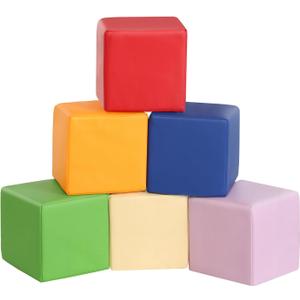 Foam Building Toys for Toddlers: 6Pcs Waterproof PU Leather Soft Foam Blocks - Colorful Large Stacking Blocks - Early Learning Construction Play Set for Kids Indoor Birthday Gift Preschool (Rainbow)