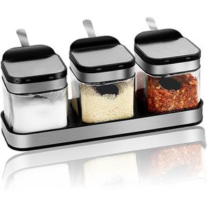Condiment Jar Spice Container with 304 Stainless Steel Lids and Spoons,Clear Glass Condiment Canisters Pots Seasoning Box Salt Container Sugar Bowl Set of 3 for Kitchen, Counter, Food Storage