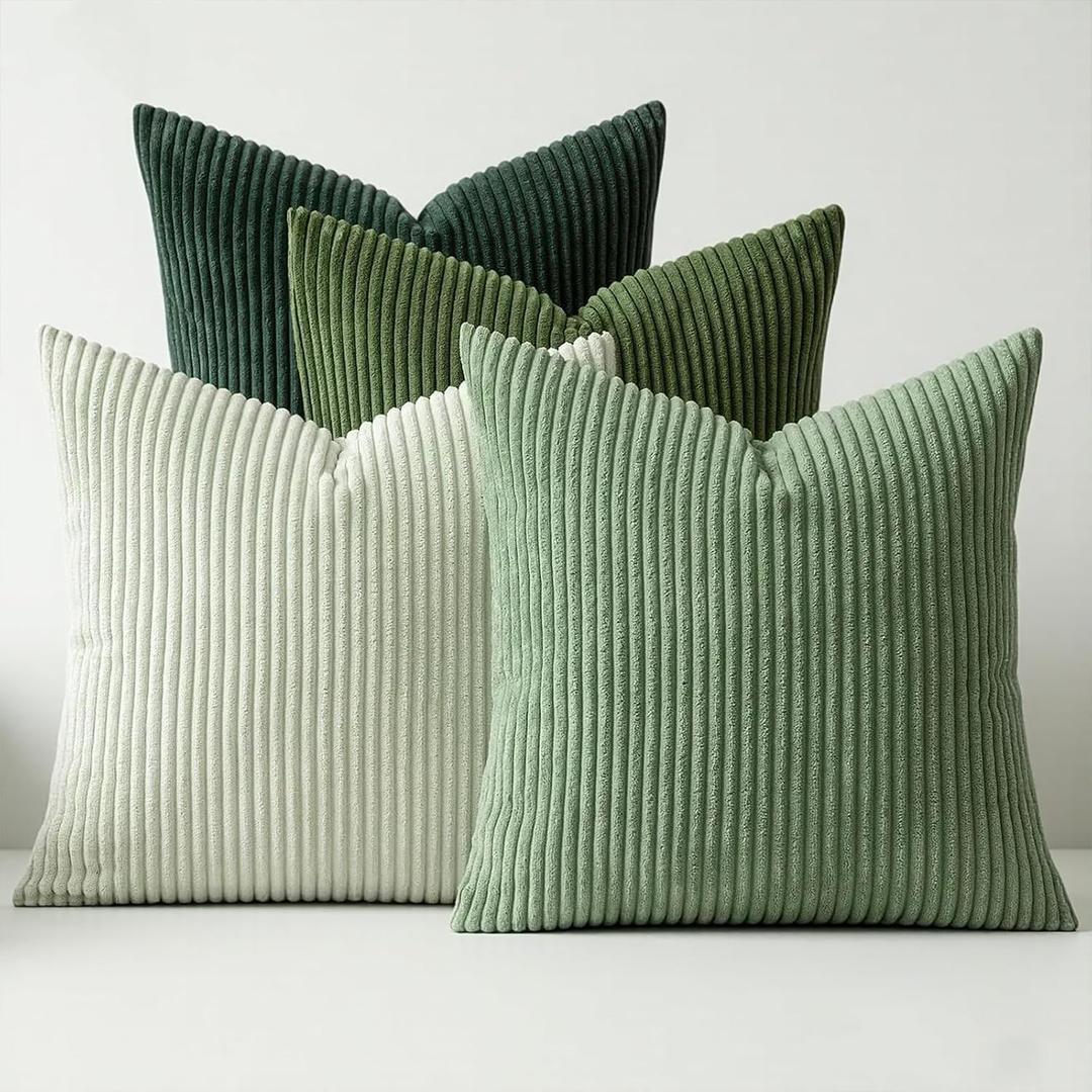 ZONYO Throw Pillow Covers 18x18 Set of 4, Soft Corn Striped Corduroy Decorative Pillows, Fade Resistant Washable Sage Green Cushion Covers for Couch Sofa Bed, Boho Farmhouse Living Room Bedroom Decor