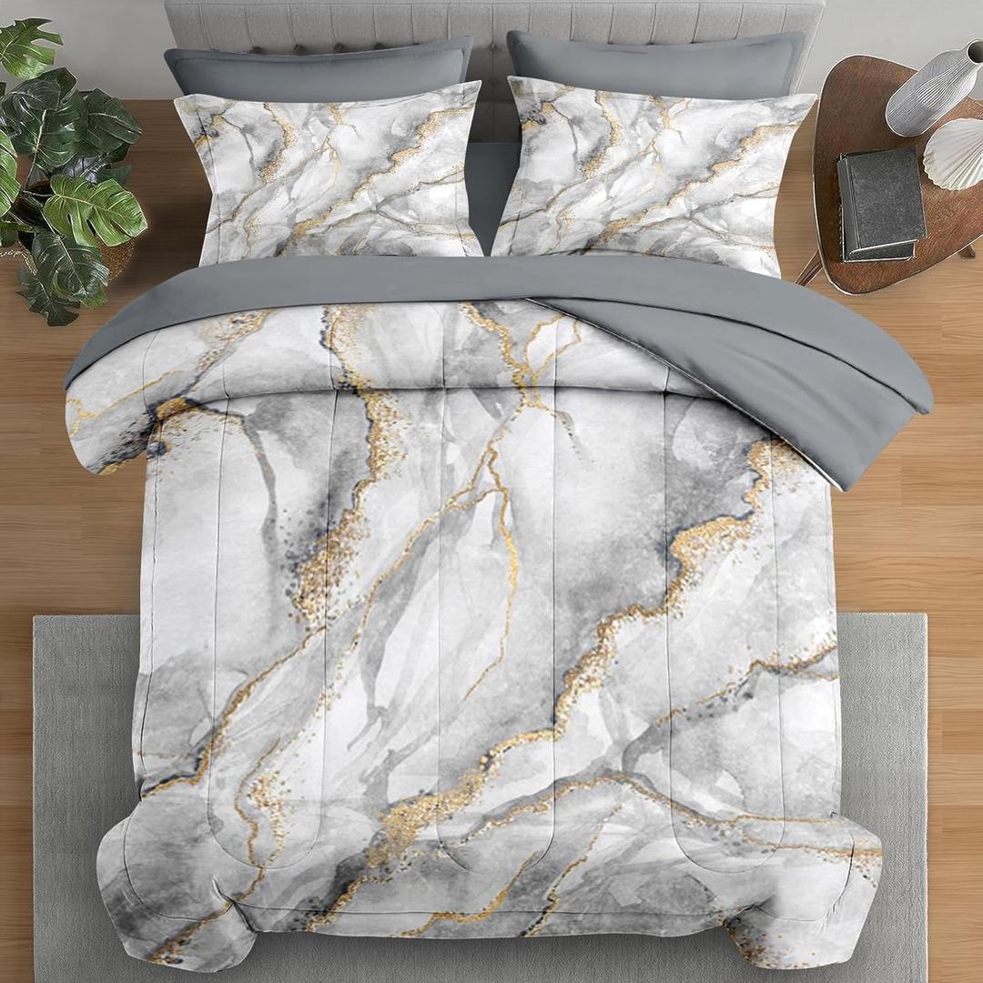 Comforter Set King Size, Marble Gray Gold Retro 7 Pcs Bedding for Adults, Vintage Stone Bed Sheet Sets with Fitted Sheet 2 Pillowcases & 2 Shams for Bedroom Bed Decor
