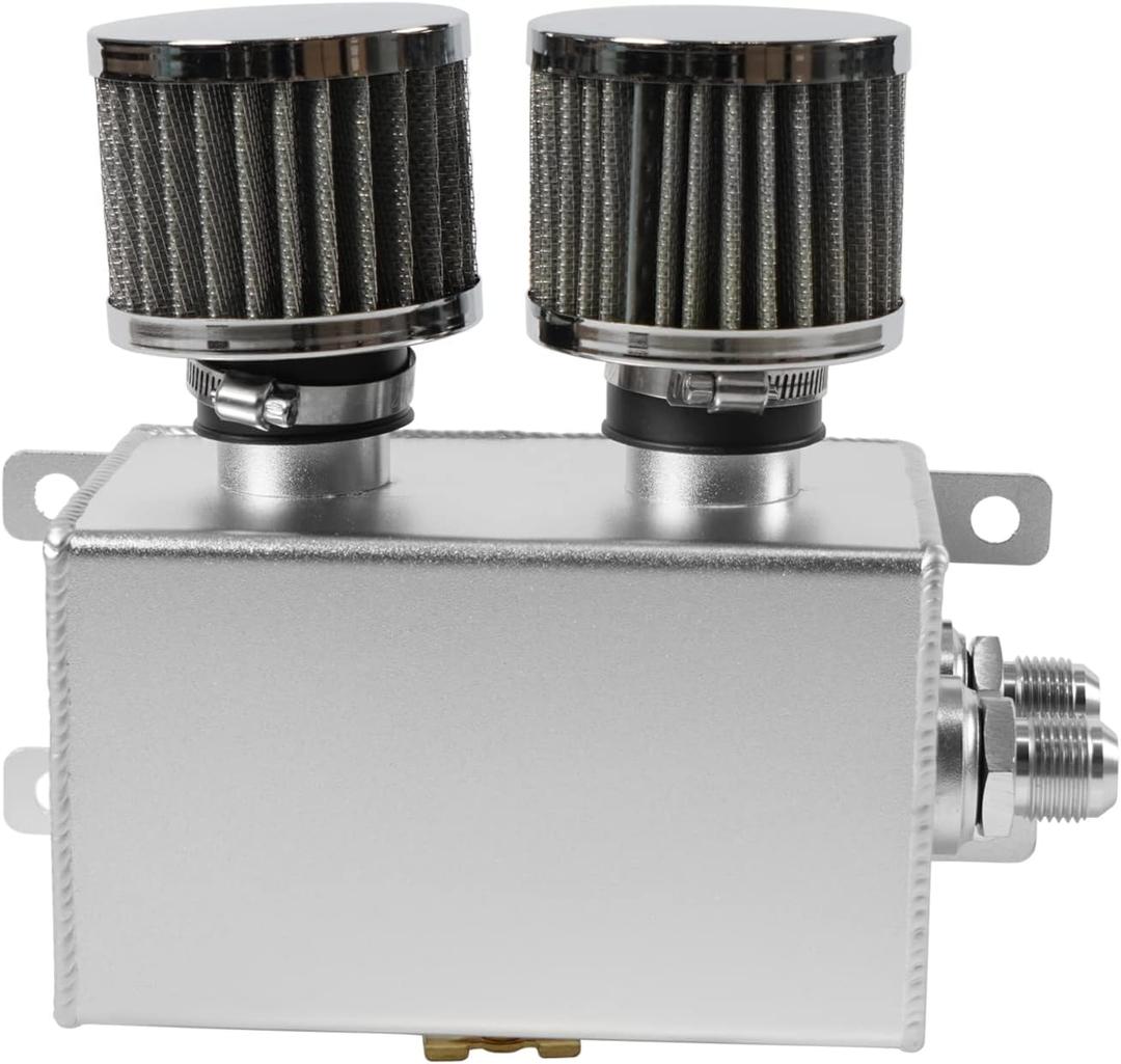 Universal Aluminum AN10 1.2L Twin Baffle Dual Filter Engine Oil Catch Can Tank With 2 Air Filters Oil Catch Reservoir Tank Can Breather Kit Silver