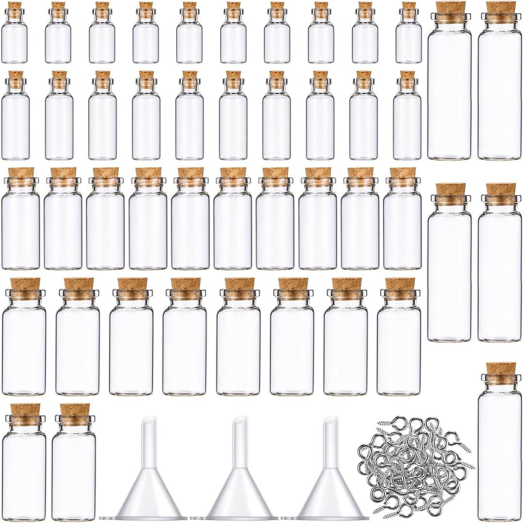 Sherli 45 Pcs Small Mini Glass Bottles with Cork Stoppers Small Glass Jars with Lids Tiny Spell Jars with 50 Eye Screws and 3 Funnels for DIY Art Craft(1ml, 2ml, 5ml, 10ml, 15ml)