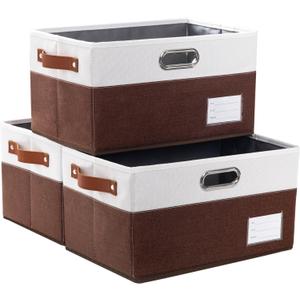 PRANDOM Foldable Storage Bins with Handles [3-Pack] Fabric Collapsible Storage Boxes Baskets Cubes Containers with Handles for Closet Living Room Bedroom (Brown & White 14.9x9.8x8.3'')