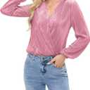 Women Long Lantern Sleeve Shirts Dressy Casual Loose Fit Fall V Neck Blouses Date Night Tops (Medium, Pink)