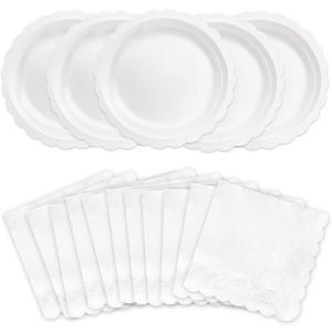 100 Pcs White Paper Plates and Napkins, 50 Pcs Guest White Party Supplies Including Scalloped Plates and Napkins for Independence Day Weddings, Parties