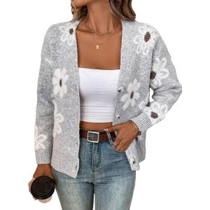 SHENHE Women's Floral Cardigan Sweater Open Front Long Sleeve Button Down Knit Sweater Outerwear (Large, Grey)