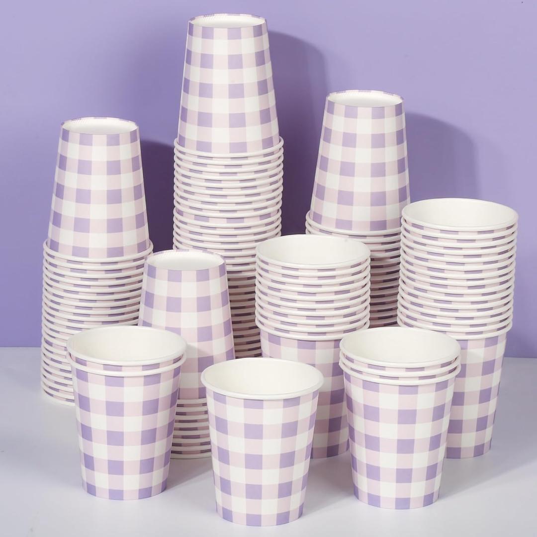 120pcs 9oz Gingham Party Paper Drinking Cups, Purple Disposable Plaid Paper Cups Checkered Cups for Wedding Birthday Decoration Fiesta Baby Shower Picnic