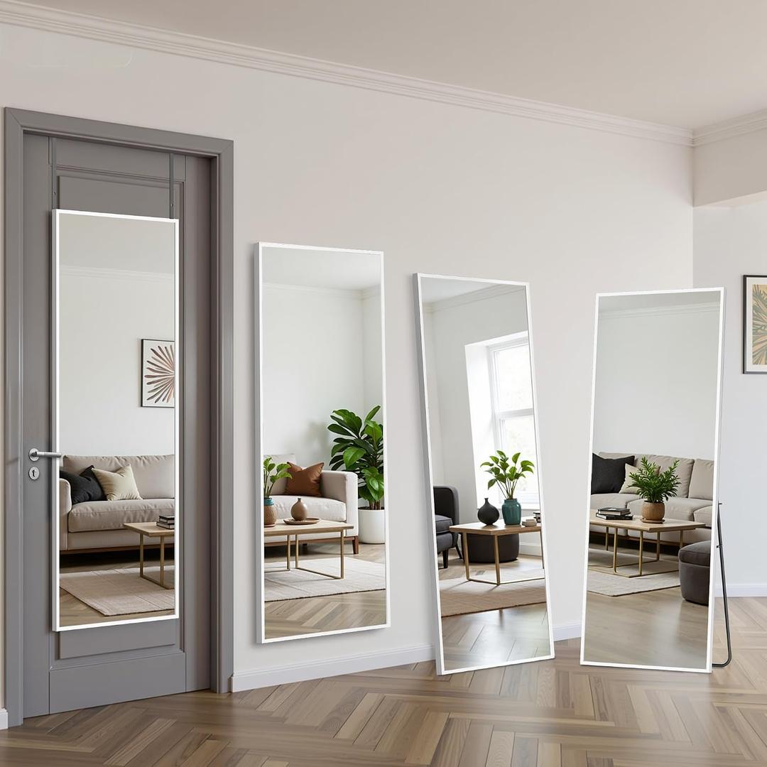 Suidia Full Length Mirror Over the Door&Wall Mounted, 48"x14" Door Mirror with Aluminum Alloy Frame, HD Shatterproof, No-Drill, Hanging Mirrors for Bedroom, Bathroom, Dorm, Closet, Rect, White