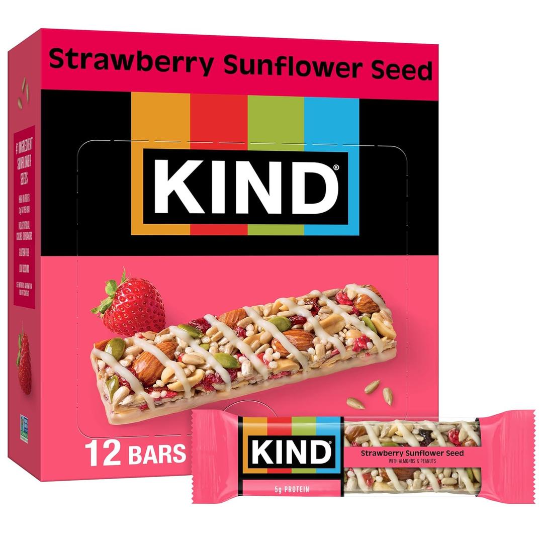 KIND Healthy Snacks Bars, Strawberry Sunflower Seed, Gluten Free, High Fiber Snacks, 5g Protein, 12 Count (EXP 03/06/27)