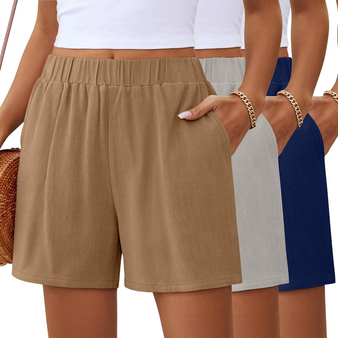 Ficerd 3 Pack Women's Casual Linen Shorts,Pleated High Waist Wide Leg Summer Elastic Comfy Trendy Shorts with Pockets XL