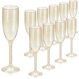 XUWAIDSGN 10 Pcs Champagne Flutes Plastic Glasses Bulk Vintage Champagne Flutes Mimosa Bar Glasses Stemmed Drinking Cups 5.4OZ for Christmas Birthday Wedding Bride (10, Clear gold glitter)