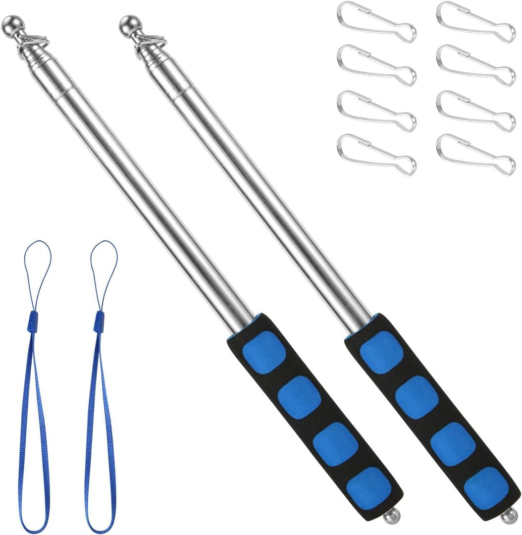 lasuroa 2 Pcs 8.2ft/250cm Telescopic Handheld Flagpoles with Clips, Stainless Steel Extendable Flag Pole Portable Tour Guide Flag Pole with Anti-Slip Handle Teaching Pointer Stick (Style 2)