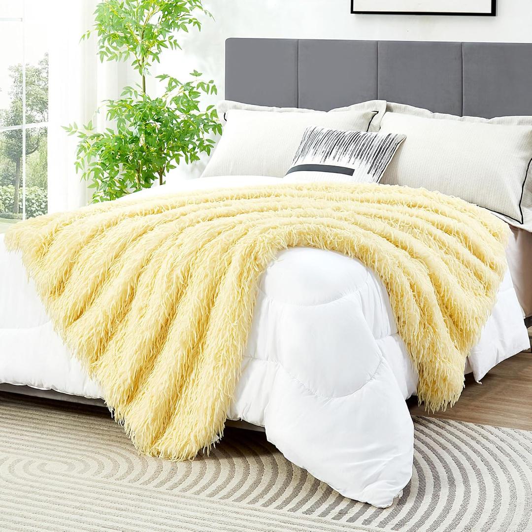 DREAMNINE Decorative Oversized 850GSM Thick Fluffy Feather Faux Fur Blanket 60" x 71", Soft Long Shaggy Fuzzy Blankets, Reversible Warm Elegant Furry Blanket for Valentine Gift Bed, Twin Size, Yellow