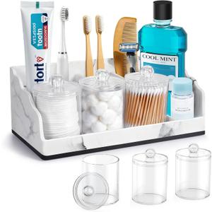 TuCao Bathroom Counter Organizer with 3PCS Qtip Holder, Marble Toothbrush Holders for Bathrooms, Bathroom Organizers and Storage with Drain Holes, Electric Toothbrush Holder, Vanity Organizer (Black)
