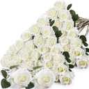 Jexine 60 PCS Artificial Roses Bulk Silk Flowers with Long Stems, Realistic Faux Rose Bouquet for Wedding Centerpieces, Valentines Party, Home Decor (White)