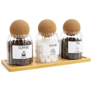 Glass Jar Storage Container with Ball Cork, 3PCS Round Glass Canisters with Tray & Labels, Small Glass Jars for Food Sugar Candy Coffee Tea Nuts - Style 2(500ml/17oz)