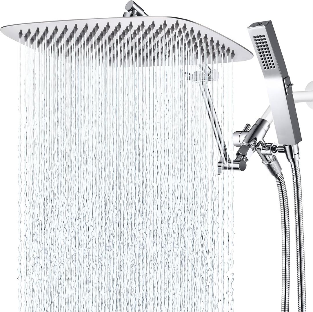 G-Promise All Metal 14 Inches Rainfall Shower Head with Handheld Spray Combo, 3 Settings Diverter, Adjustable Extension Arm with Lock Joints, 71 Inches Stainless Steel Hose (Chrome)