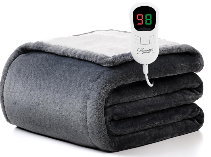 Homemate Heated Blanket Electric Throw - 50"x60" Heating Blanket Throw 1/2/4/6/8 Hours Auto-Off 10 Heat Level Over-Heat Protection Flannel Sherpa ETL Certification, Gray