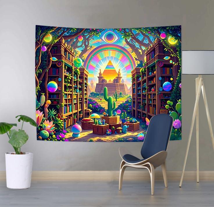 SHRAPHY Fantasy Library Tapestry Colorful Bookshelf Rainbow Plant Cactus Tapestries Gothic Aesthetic Art Wall Decor Tapestry for Bedroom 60x40 inches GTDWUH0022