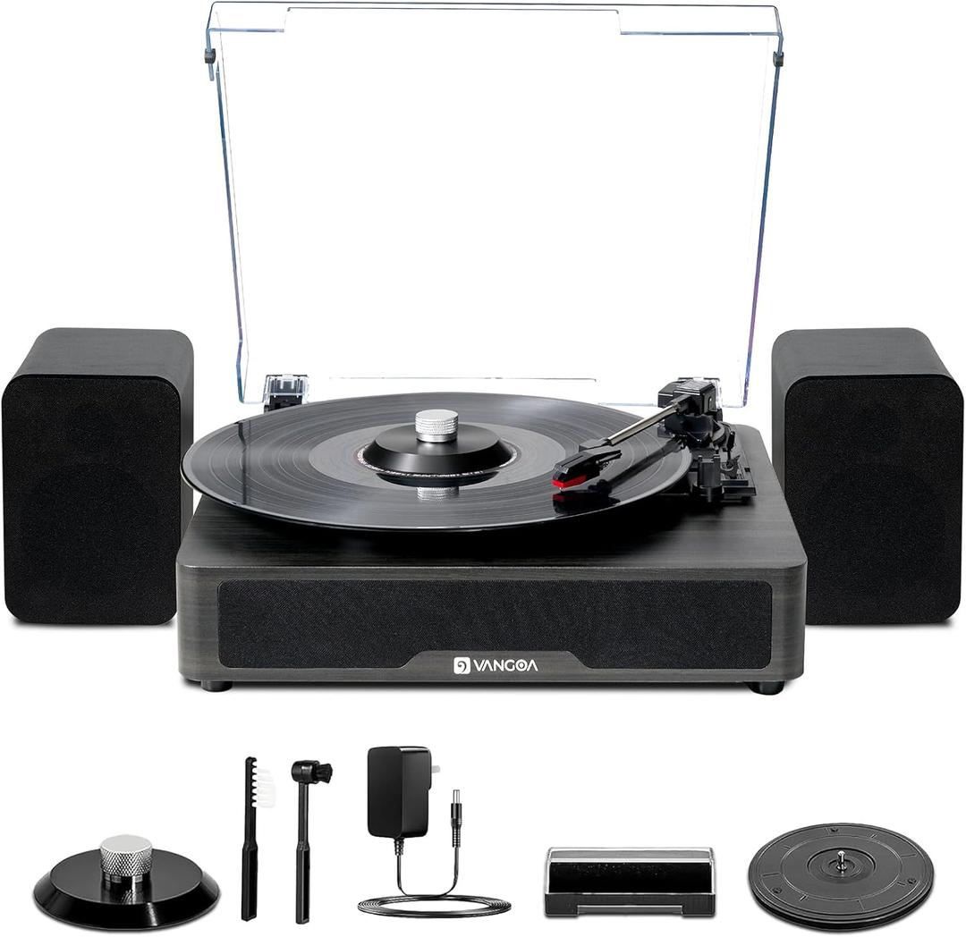 Record Player Vinyl Bluetooth Turntable with Stereo Bookshelf Speakers, Hi-Fi System with USB Recording and Auto Stop (Retro Black Turntable) (Retro Black Turntable)