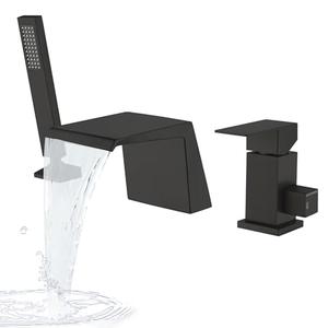 LIWEIKE Black Roman Tub Faucet with Sprayer, Deck Mount Roman Bathtub Faucet Set with Hand Shower for 3 Holes Single Handle Waterfall Tub Filler, Matte Black