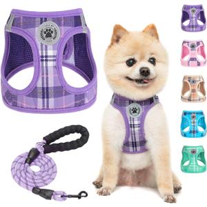 BEAUTYZOO Small Dog Harness and Leash Set,Step in No Choke No Pull Soft Mesh Dog Harnesses Reflective for Extra-Small Medium Puppy Dogs and Cats, Plaid Dog Vest Harness for XS S Pets, Purple S (Small(Chest Girth 14.5" - 16"))