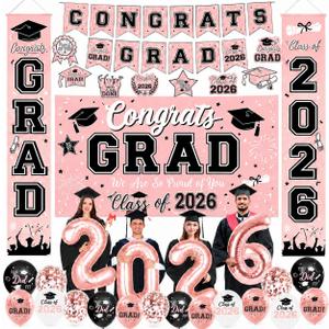 Graduation Decorations Class of 2026 - Rose Gold Graduation Decorations Include Grad Backdrop, Banner, Hanging Swirls, Porch Sign, Balloons for Congrats Grad Party Decorations