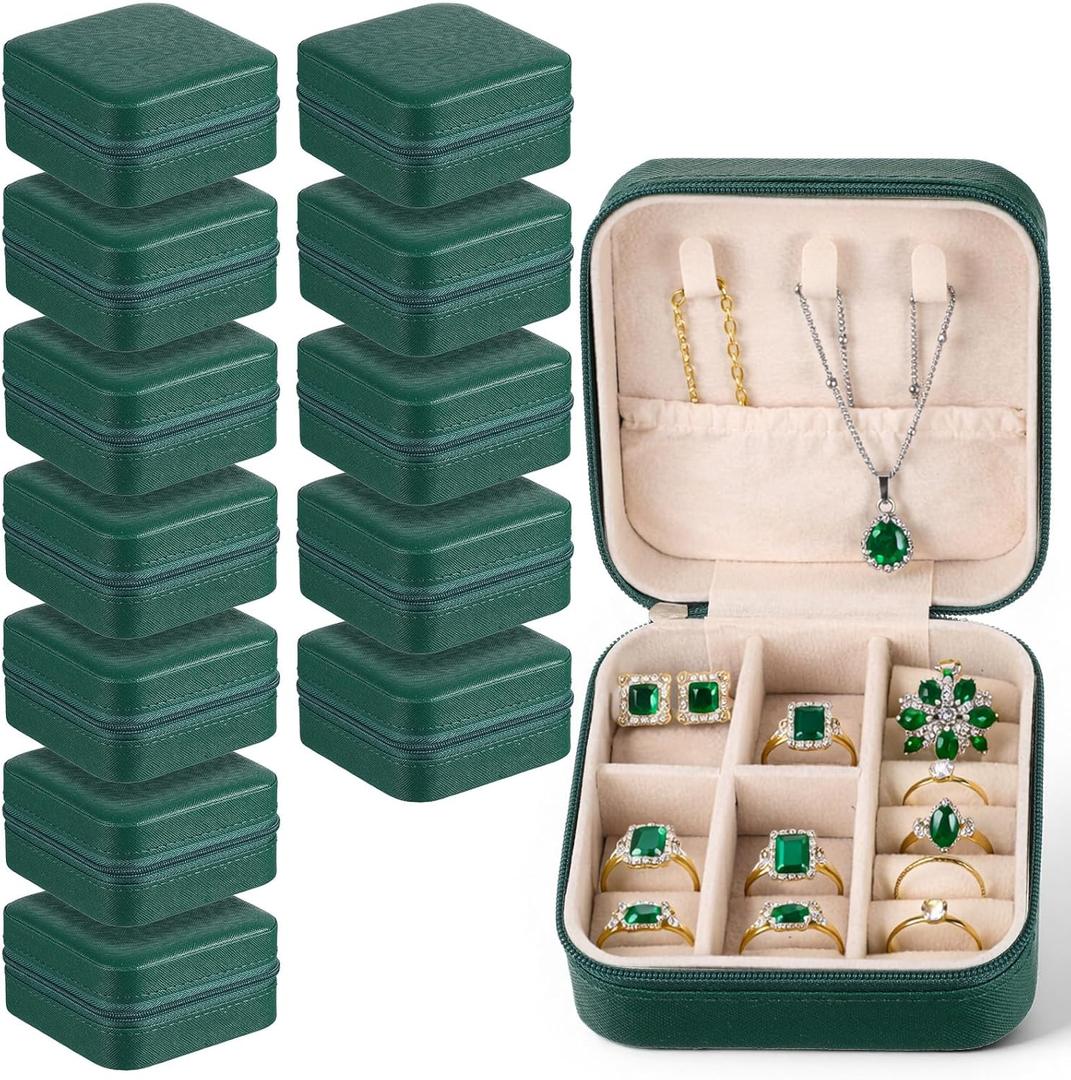 12 Pcs Bulk Travel Portable Jewelry Holder with Zipper, Small PU Leather Jewelry Organizer with Dividers, Bridesmaid Gifts Jewelrys Box, for Women Girls Rings Necklace Earring Organization(Green)
