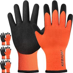 Kebada T3 Winter Work Gloves for Men and Women, Warm Knit Cold Weather Work Gloves, Thermal Insulated Freezer Gloves, 100% Latex Coating Non-slip Grip, Long Wrist Design, 3 Pairs, Orange, Medium