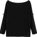 PESION Womens Off The Shoulder Tops Sexy Shiny Metallic Shirts Long Sleeves Fashion Graphic T-Shirts Blouses (Black, XXL)