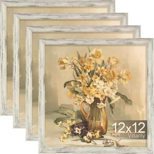 Vittanly 12x12 Picture Frames Set of 4, Vintage Photo Frames, Dist. White | Display 8x8 Pictures with Mat or 12x12 without Mat, Rustic Frames Covered by Plexiglass, Wall & Tabletop Farmhouse Home Decor