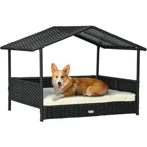 PawHut Wicker Dog House Outdoor with Canopy, Rattan Dog Bed with Water-Resistant Cushion, Raised Dog Bed for Small, Medium Dogs up to 66 lbs, 19.75" in Length, Black Wicker, White Cushion